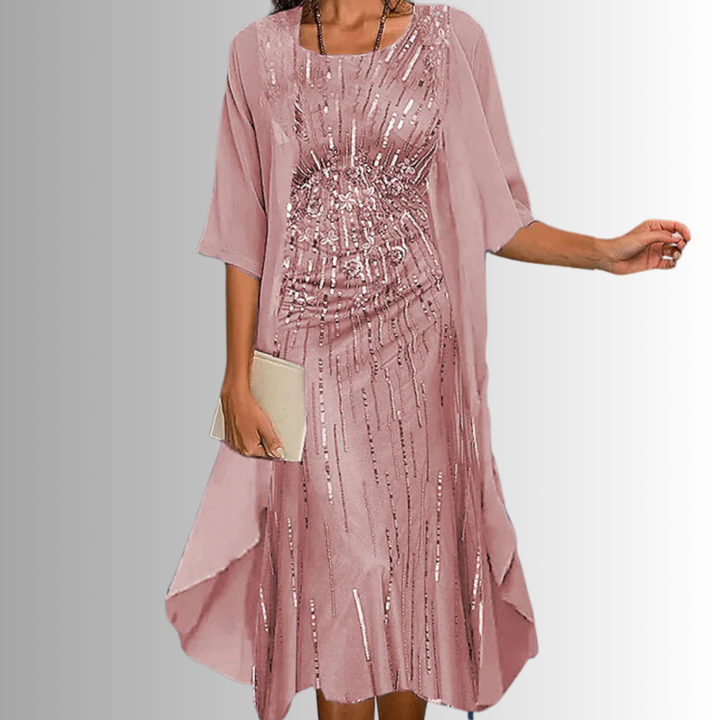 Elegant women's flowy printed midi dress with a layered open-front & 3/4 sleeves. Perfect for women's fashion.