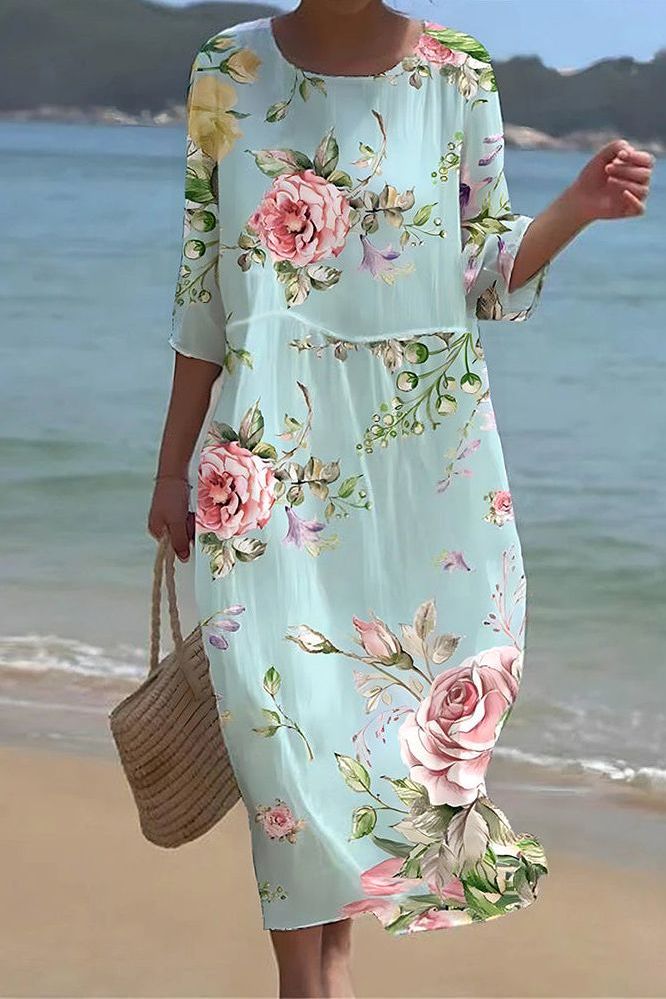 Women's printed relaxed midi dress. Effortless style & comfort. Perfect casual summer fashion for everyday wear.