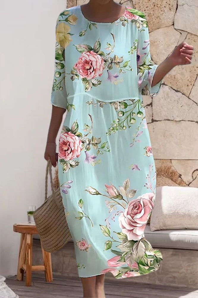 Elegant patterned women's midi dress, relaxed fit. Comfortable & versatile for summer, casual or everyday wear.