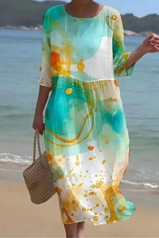 Stylish women's relaxed midi dress with unique print. Comfortable, versatile & perfect for summer fashion & daily wear.