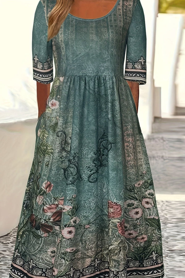 Stylish women's flowing midi dress with elegant print, ideal for versatile fashion and comfort.