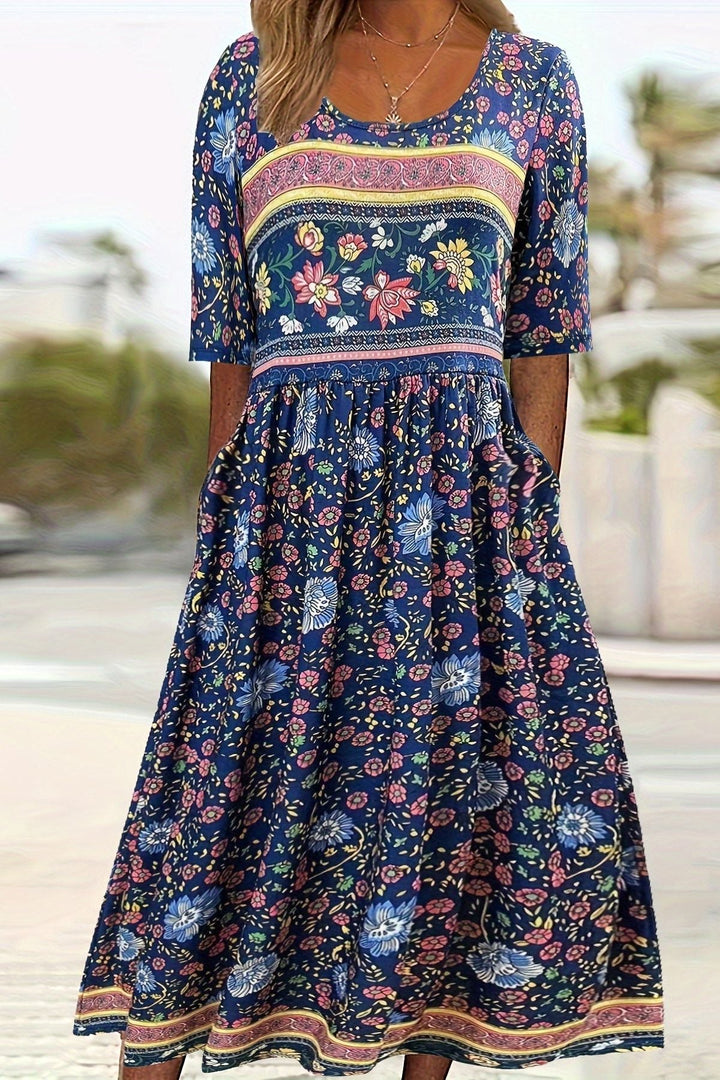 Effortless women's printed midi dress, a comfortable & stylish choice for everyday wear and summer outings.