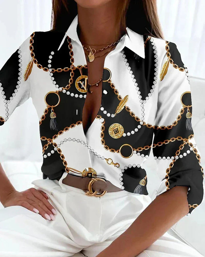 Stylish women's printed short sleeve blouse with an abstract design, suitable for spring, summer, and office fashion.