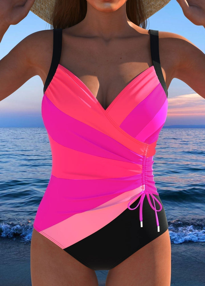Elegant printed surplice one-piece women's swimwear, designed with effective tummy control for a sleek silhouette.
