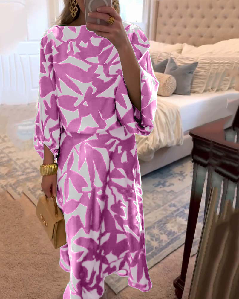 Women's versatile printed two-piece set with lantern sleeves, easily styled for casual or elegant wear.