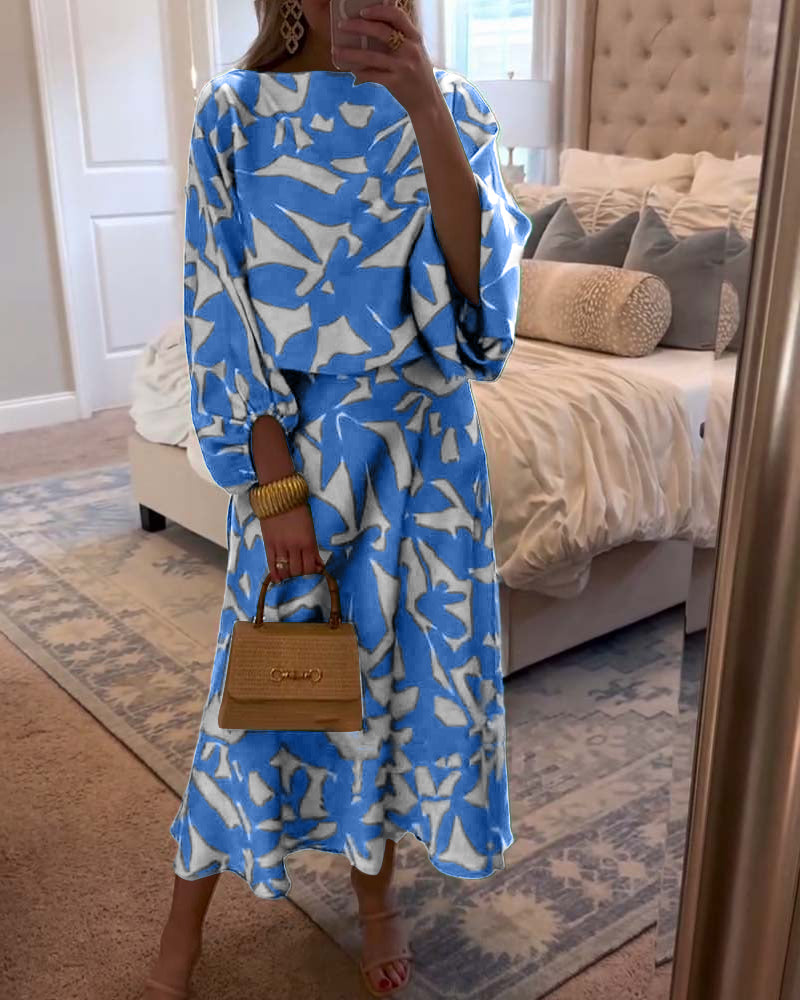 Chic women's matching set: printed top with long lantern sleeves & coordinating skirt.