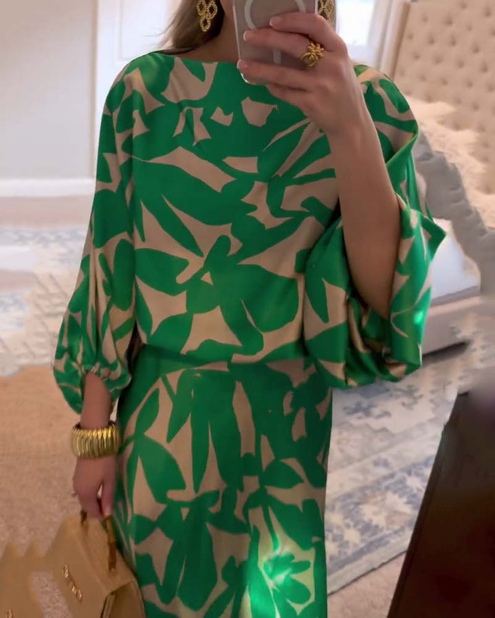 Beautiful women's printed matching set featuring stylish lantern sleeves and a vibrant pattern.