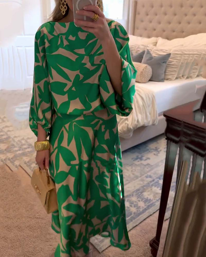 Women's elegant two-piece set: a printed top with flowing lantern sleeves and comfortable matching skirt.