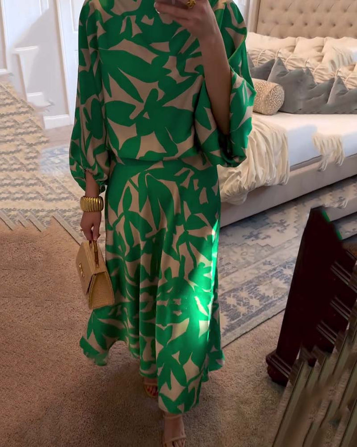 Fashionable women's printed two-piece set with unique lantern sleeves, a must-have for spring style.
