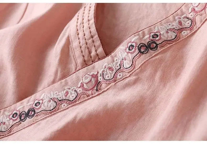Pink casual chic women's blouse, patterned, embroidered, relaxed fit.