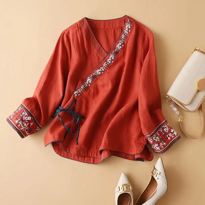 Purple patterned blouse, women's relaxed fit, V-neck, elegant & embroidered.