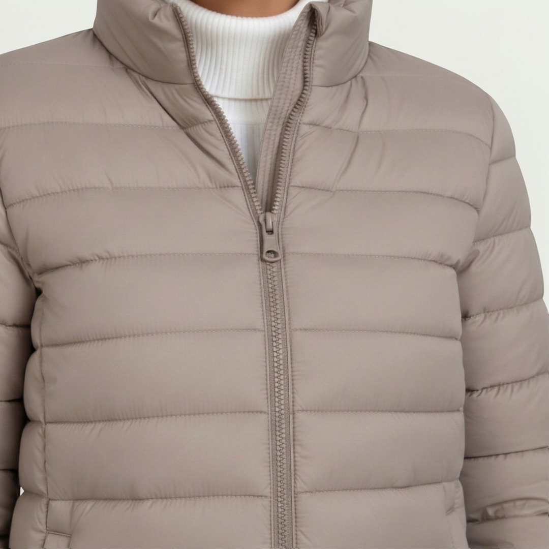 Lightweight women's quilted jacket, perfect for casual fall & winter outerwear with a stand collar.