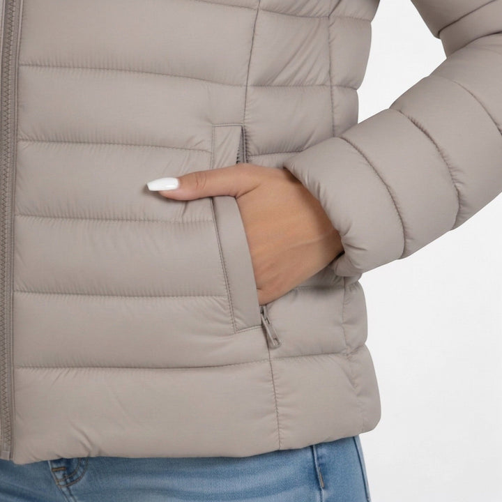 Stylish women's quilted full zip jacket, featuring a protective stand collar for fall & winter.
