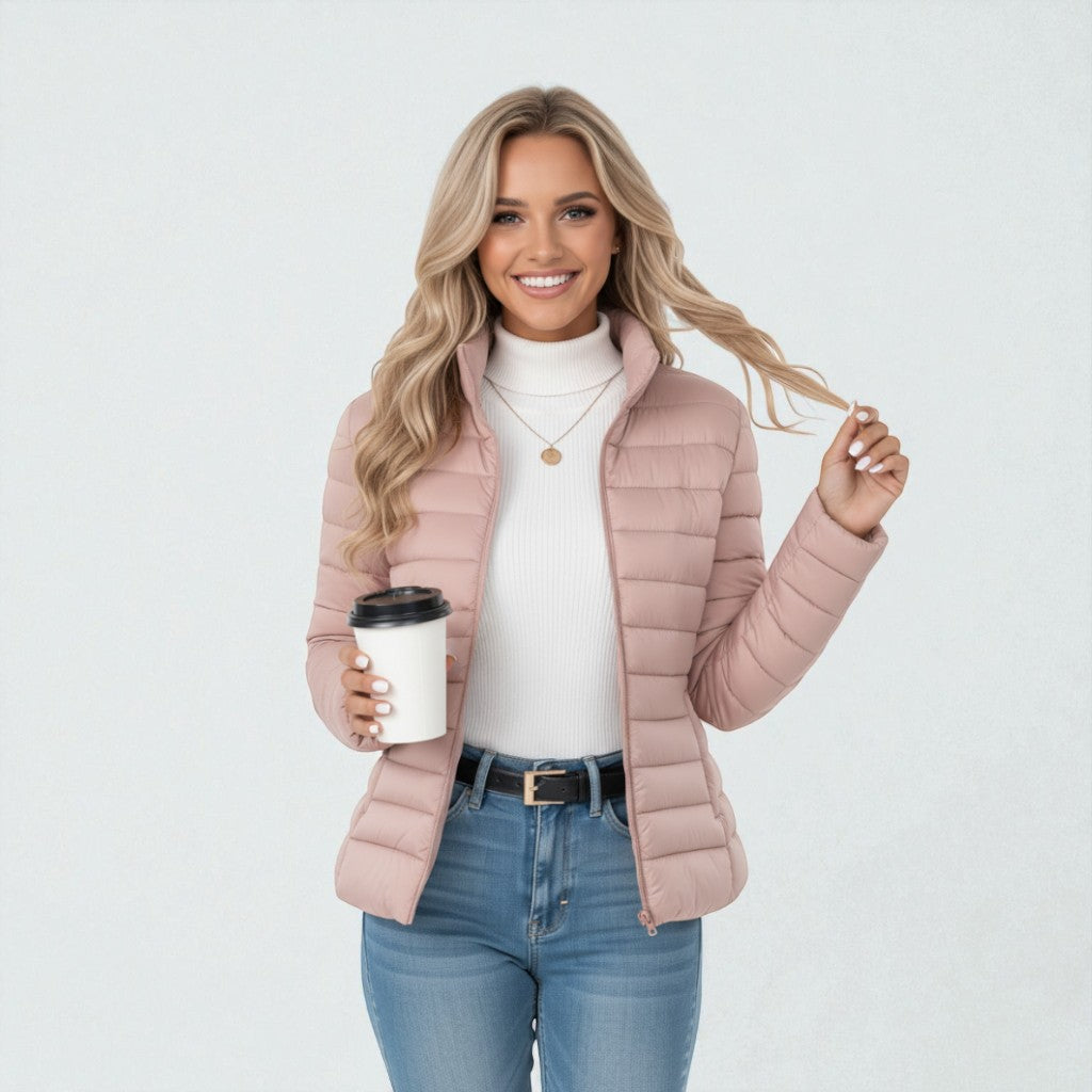 Warm women's quilted outerwear, full zip front & stand collar, a perfect casual jacket for winter.