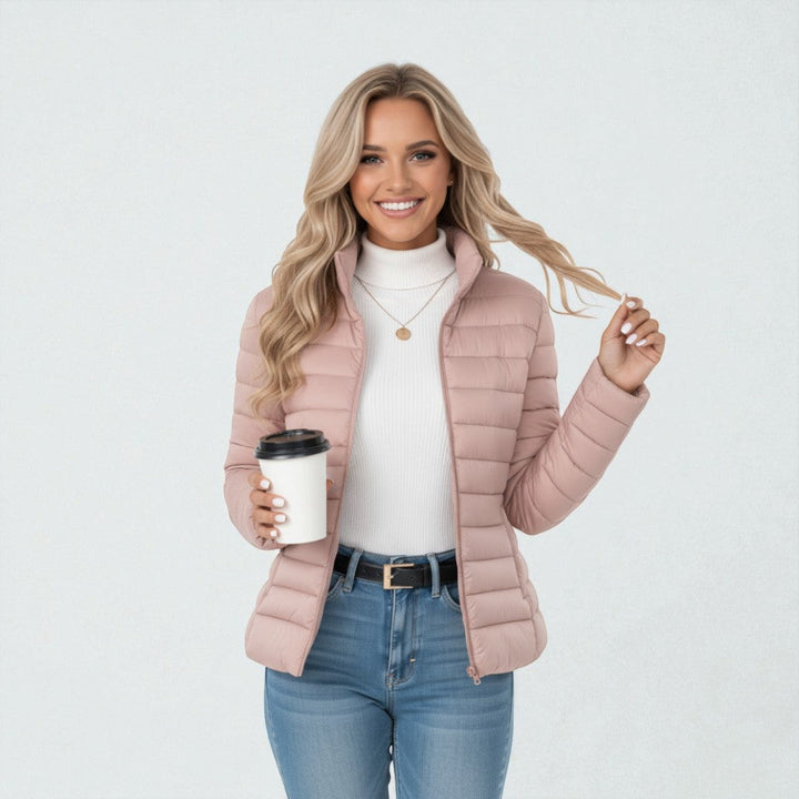 Warm women's quilted outerwear, full zip front & stand collar, a perfect casual jacket for winter.