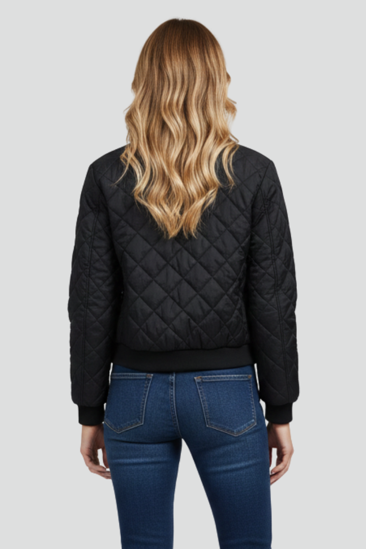 Chic women's quilted zip jacket, offering effortless style and warmth as a comfortable everyday fall outerwear.