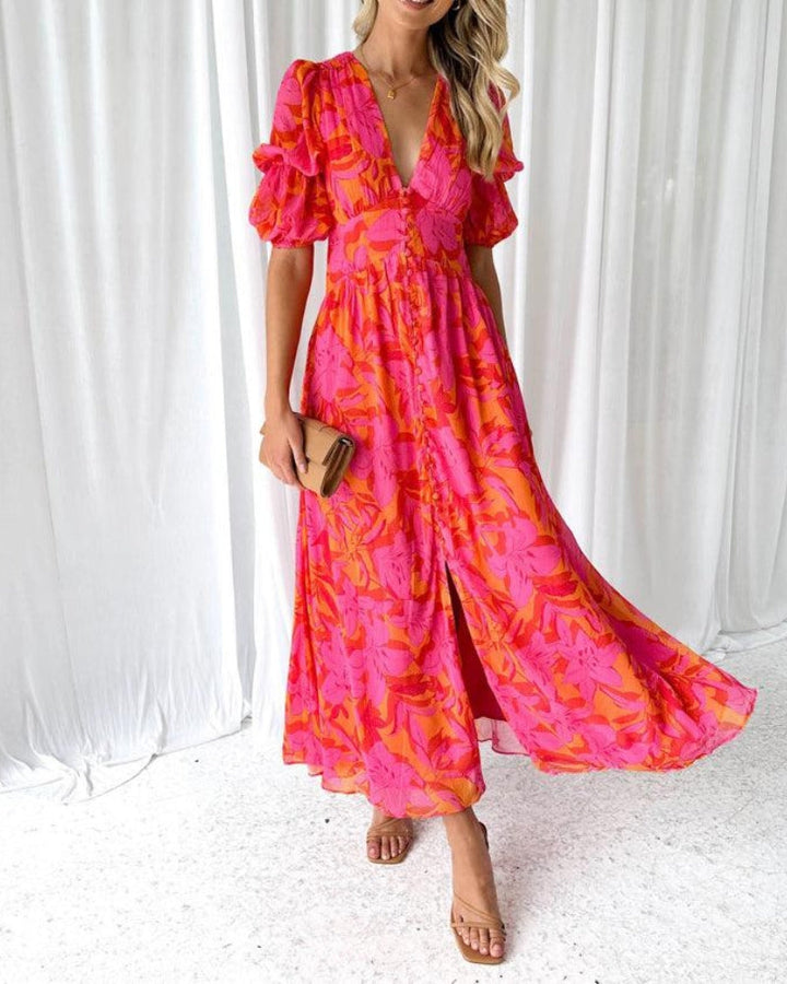 Women's Radiant Flowy Maxi Dress, elegant V-neck long dress with puff sleeves, perfect for summer parties.