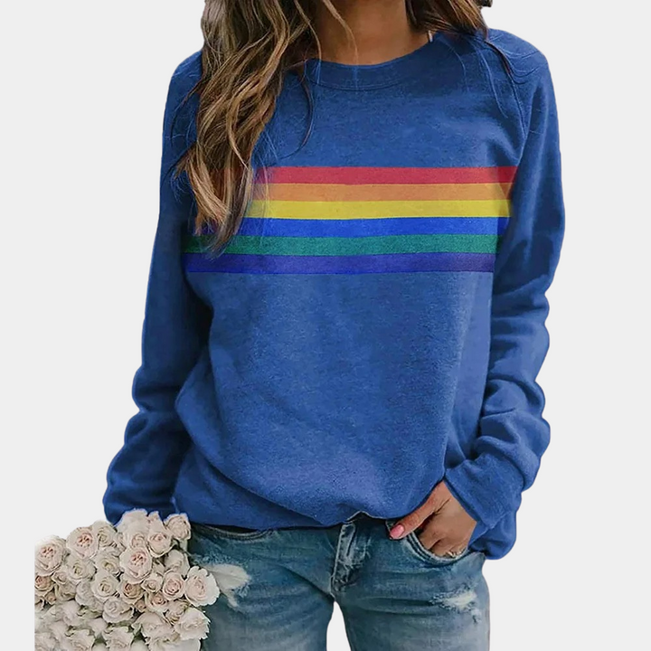 Women's rainbow stripe crewneck sweatshirt, a colorful and comfortable long-sleeve top for casual wear.