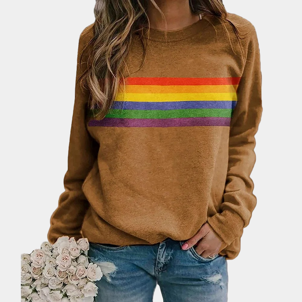 Vibrant rainbow stripe crewneck sweatshirt for women, a comfortable long-sleeve casual top with colorful design.