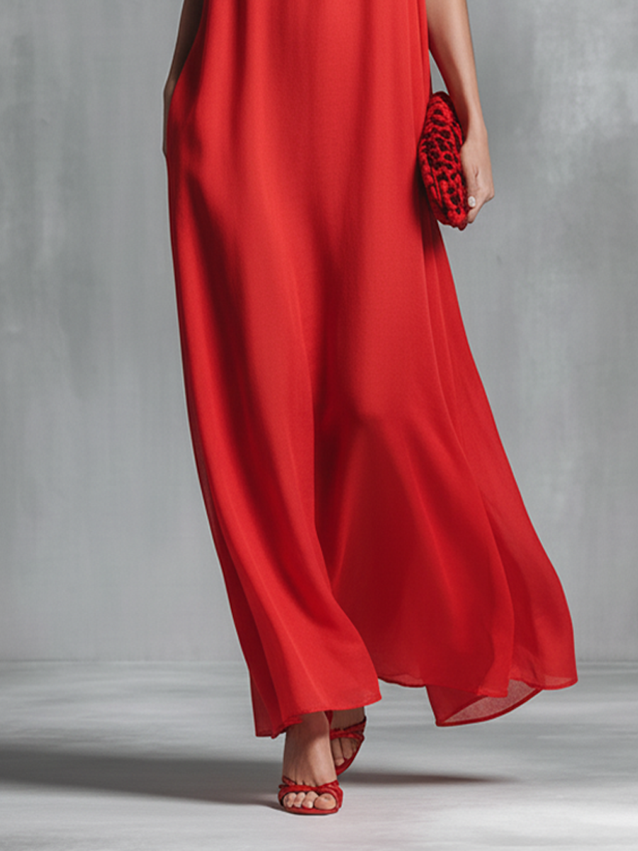 Casual & elegant red V-neck maxi dress for women, with adjustable straps, A-line silhouette, and flowy design for summer.