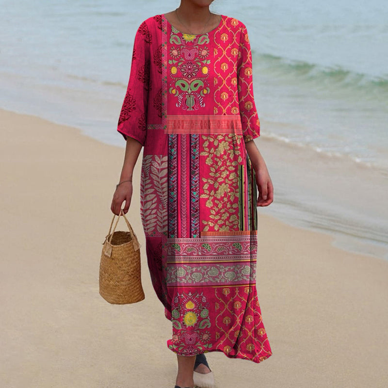 Women's red Willow boho maxi dress, loose fit & flowing design. Perfect for summer fashion, vacation, or casual chic.