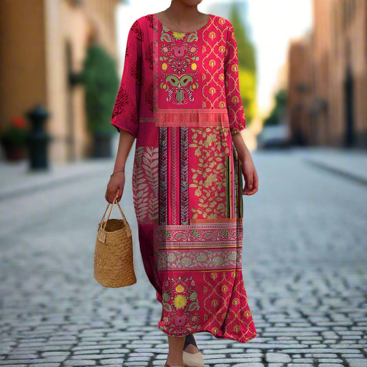 Bohemian style Willow flowing midi dress, women's loose fit, ideal for plus size, summer fashion, and vacation wear.