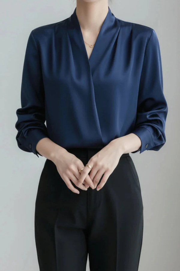 Light blue women's wrap blouse, perfect for elegant everyday wear. Versatile long sleeve top, casual chic summer style.