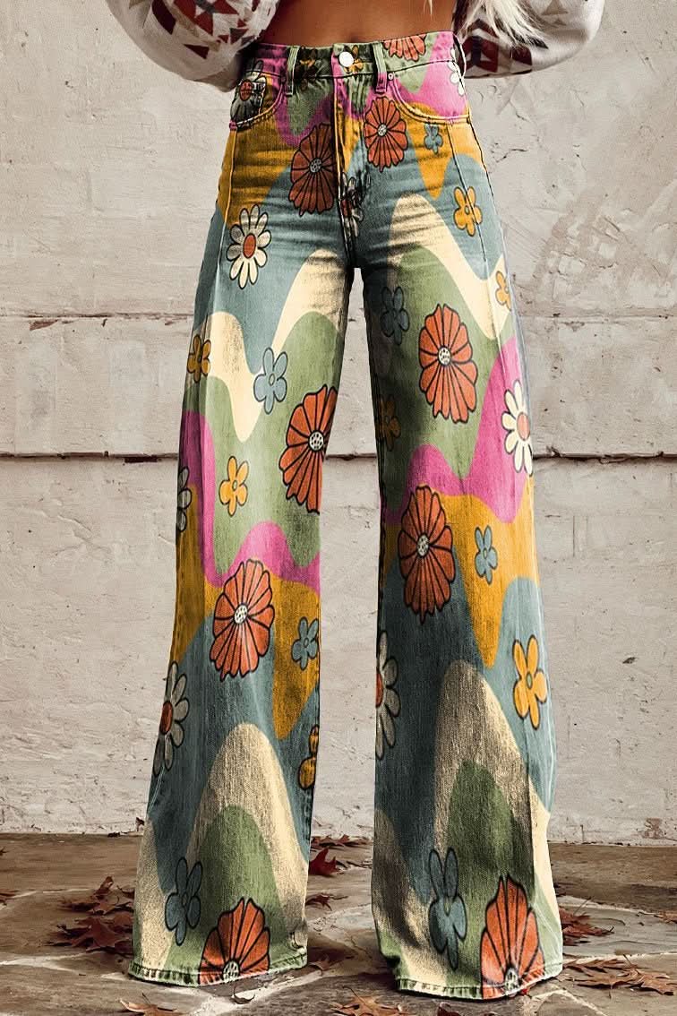 Women's relaxed fit floral baggy jeans, breathable denim, comfortable for summer casual.