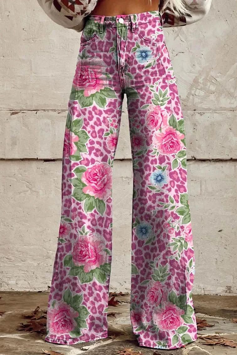 Stylish women's abstract patterned baggy jeans, relaxed fit, breathable denim for comfort.