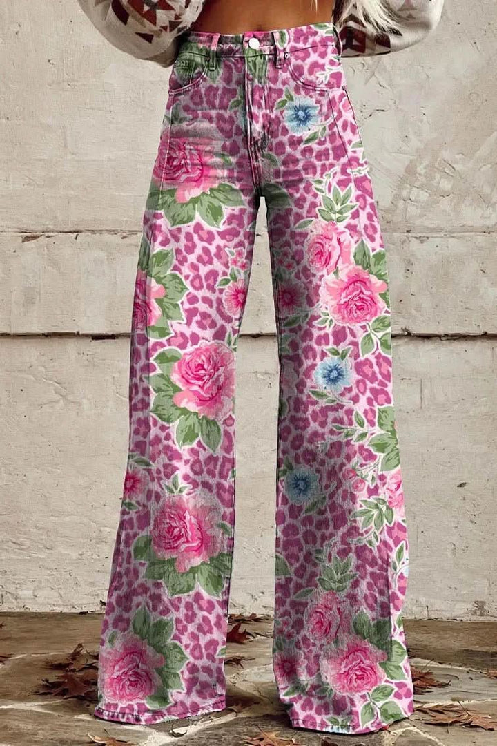 Stylish women's abstract patterned baggy jeans, relaxed fit, breathable denim for comfort.
