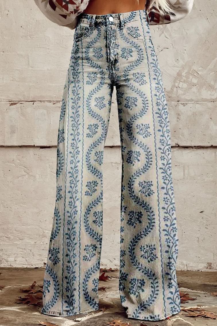 Trendy women's patterned relaxed fit baggy jeans, breathable & comfortable for daily wear.