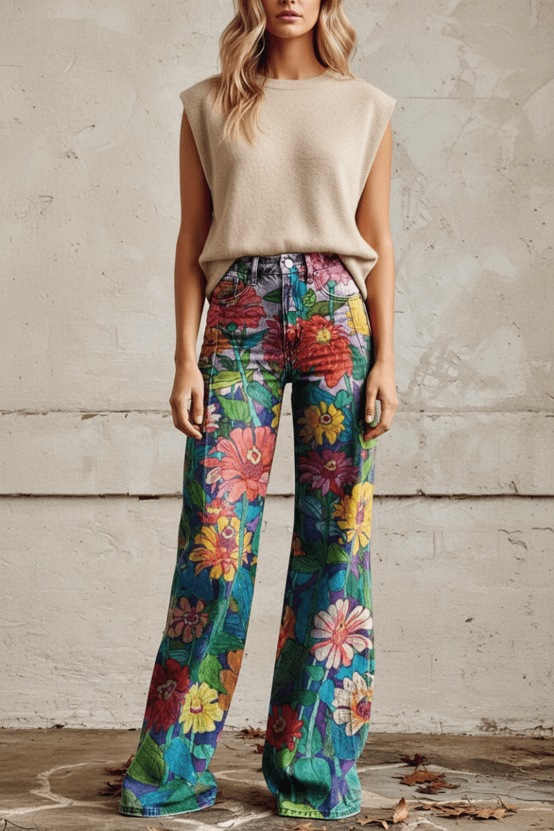 Comfortable women's floral print baggy jeans, relaxed fit, breathable summer style.