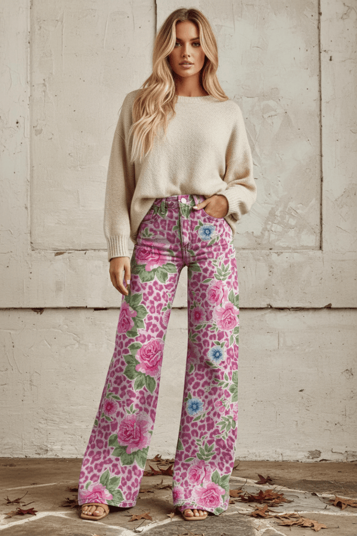Stylish women's patterned baggy jeans, relaxed fit, breathable denim for casual outfits.