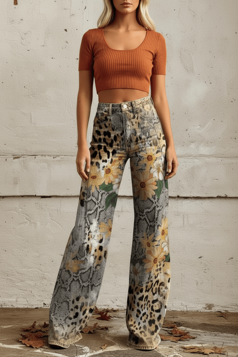 Breathable women's floral relaxed fit baggy jeans, comfortable for daily summer wear.