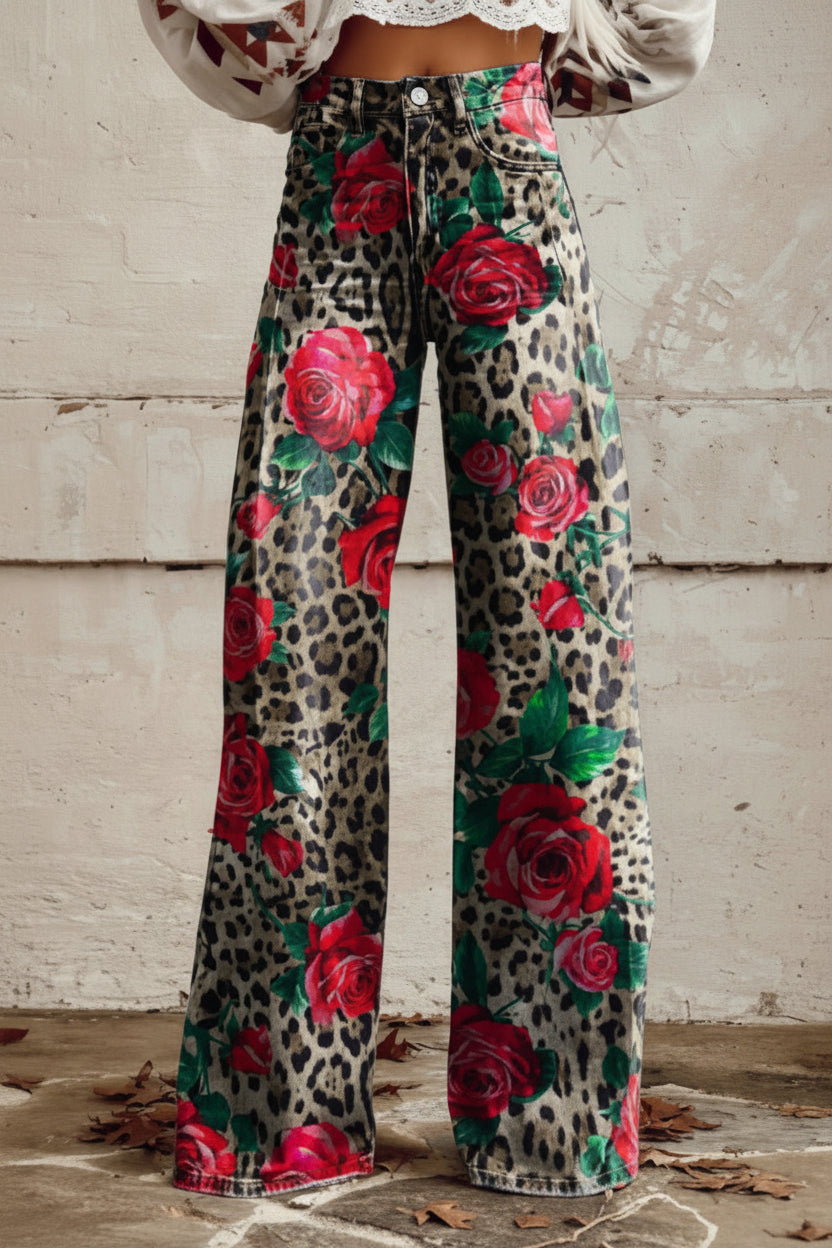 Trendy women's patterned relaxed fit baggy jeans, breathable fabric for everyday comfort.