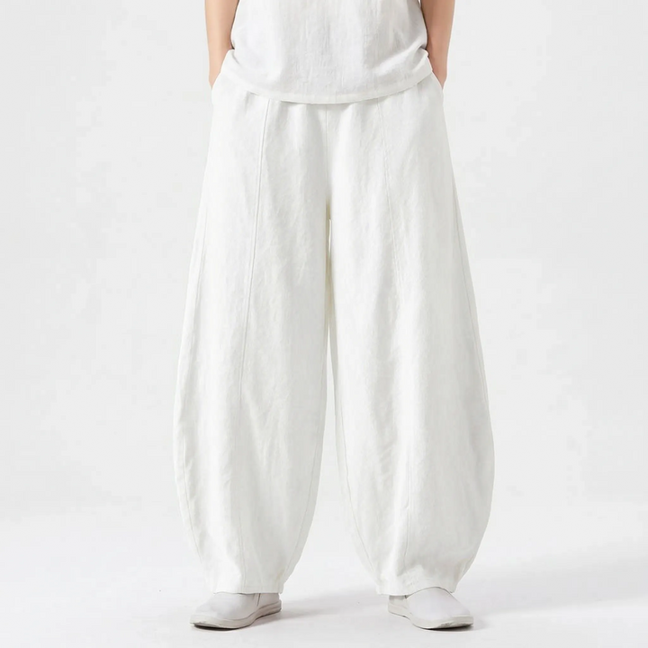 Relaxed fit women's casual barrel pants with a wide leg, designed for comfortable all-day wear.