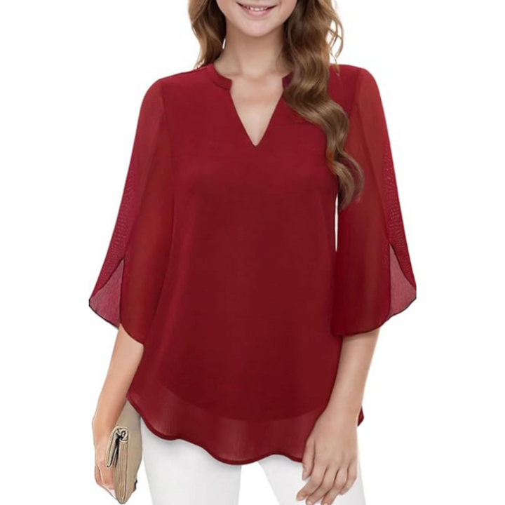 Lightweight women's relaxed fit blouse, feminine, stylish, and versatile for casual to smart casual dressing.