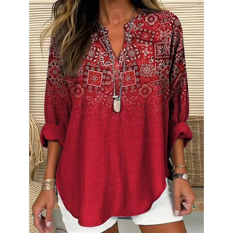 Women's relaxed fit blouse with split neck, three-quarter folded cuffs, perfect for casual everyday fashion.
