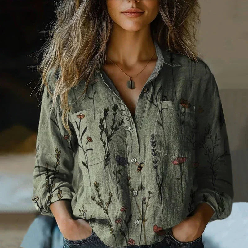 Boho chic women's long sleeve blouse featuring a unique vintage print. Perfect for relaxed summer outfits.