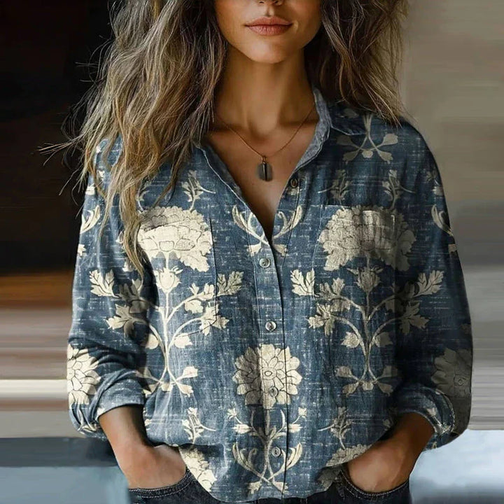 Women's vintage print bohemian blouse, a relaxed fit long-sleeve top for comfortable casual wear.