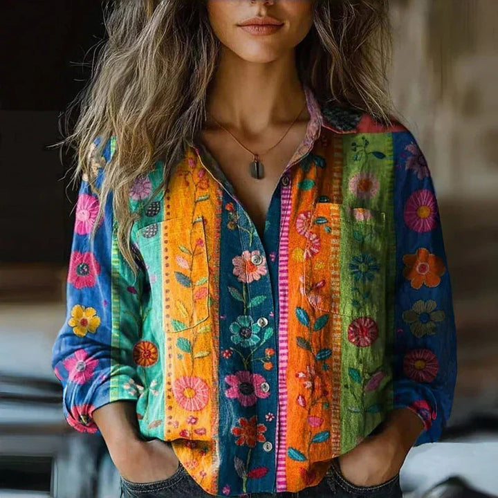 Comfortable women's relaxed fit blouse with a vibrant vintage bohemian print. A stylish casual top.