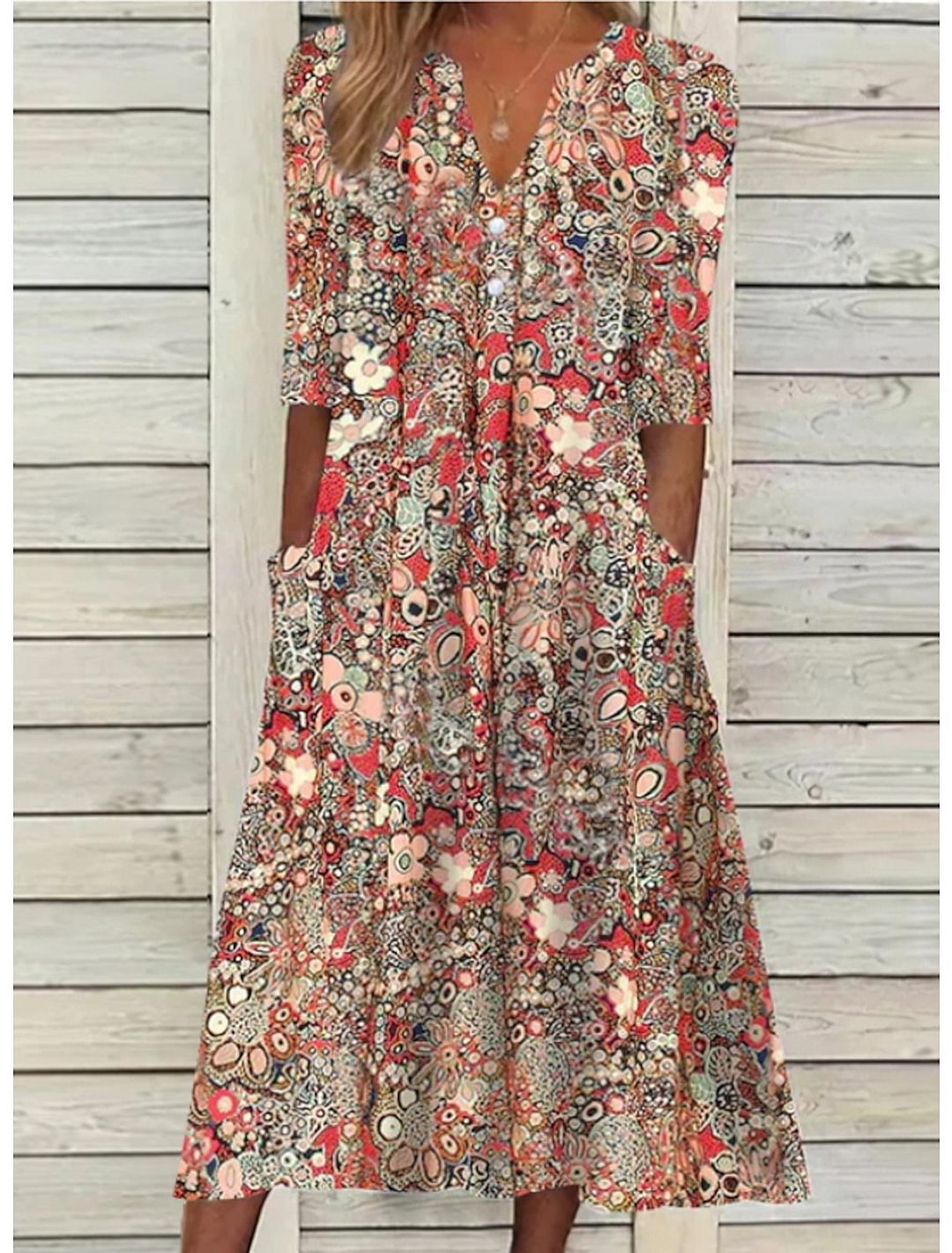 Women's relaxed fit bohemian floral print midi dress, V-neck, half sleeve. Perfect red, purple, pink summer casual wear.