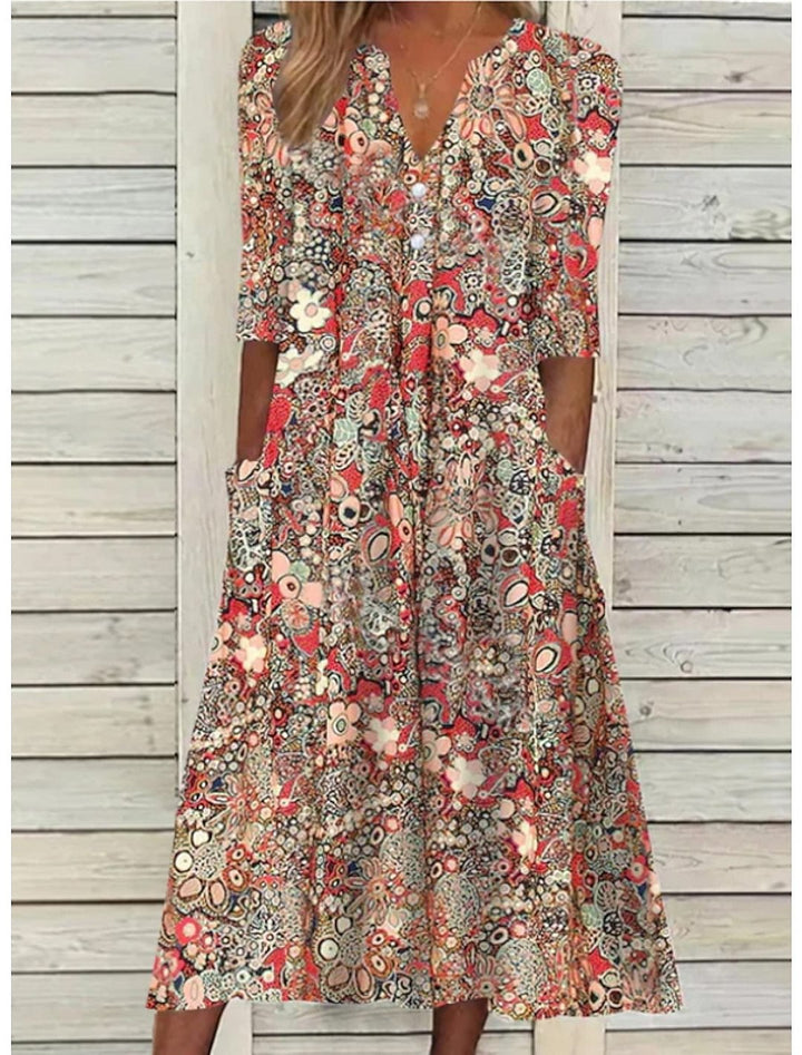 Women's relaxed fit bohemian floral print midi dress, V-neck, half sleeve. Perfect red, purple, pink summer casual wear.