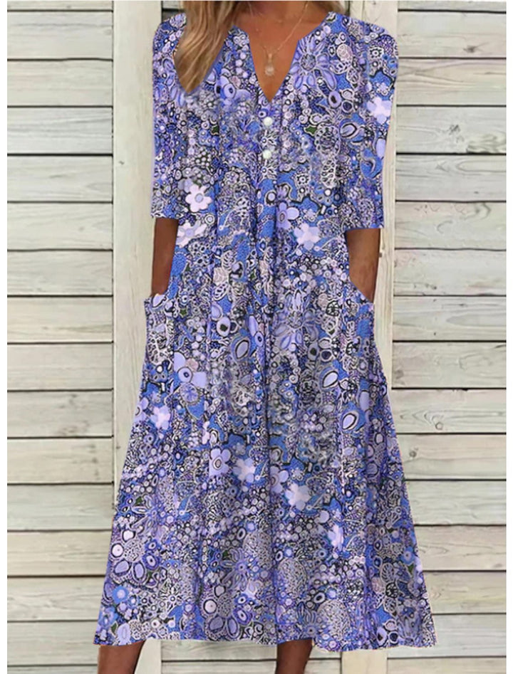 Boho floral midi dress for women, relaxed fit, half sleeve V-neck. Ideal summer vacation wear in red, purple, pink.