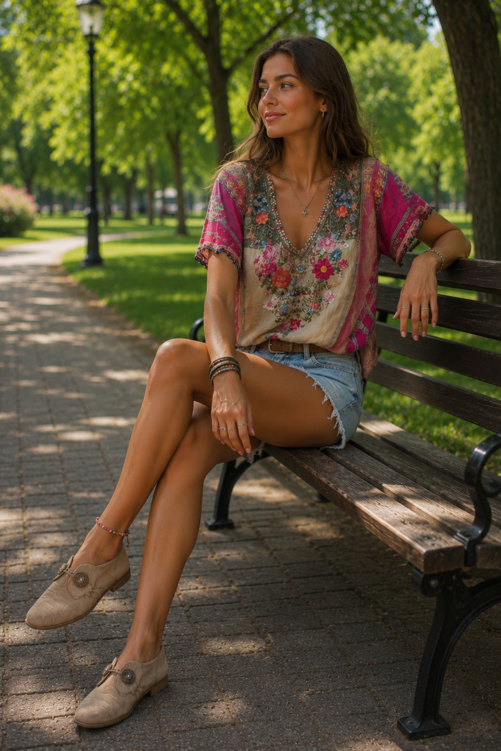 Versatile women's bohemian top for summer festivals. Trendy relaxed fit for effortless casual style.