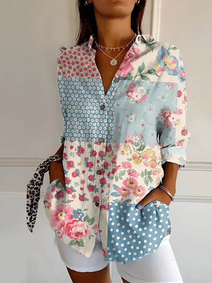 Comfortable women's relaxed fit button-down blouse with a stylish V-neck, versatile for any season.