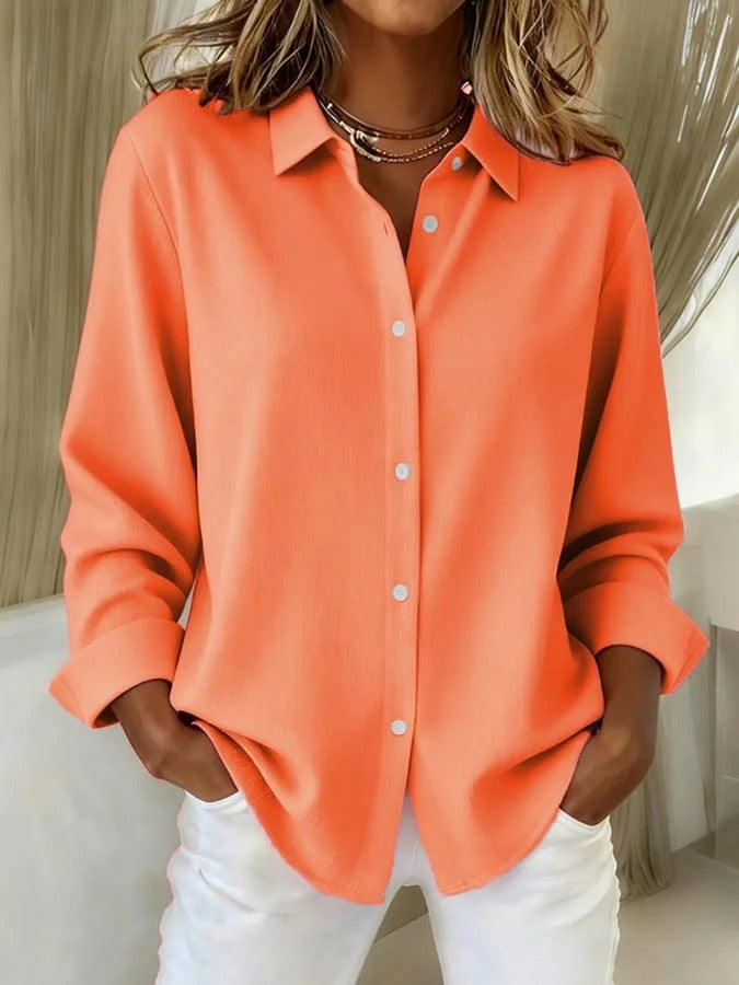 Relaxed fit women's long sleeve blouse, button down style. Comfortable & chic for both office & everyday casual.
