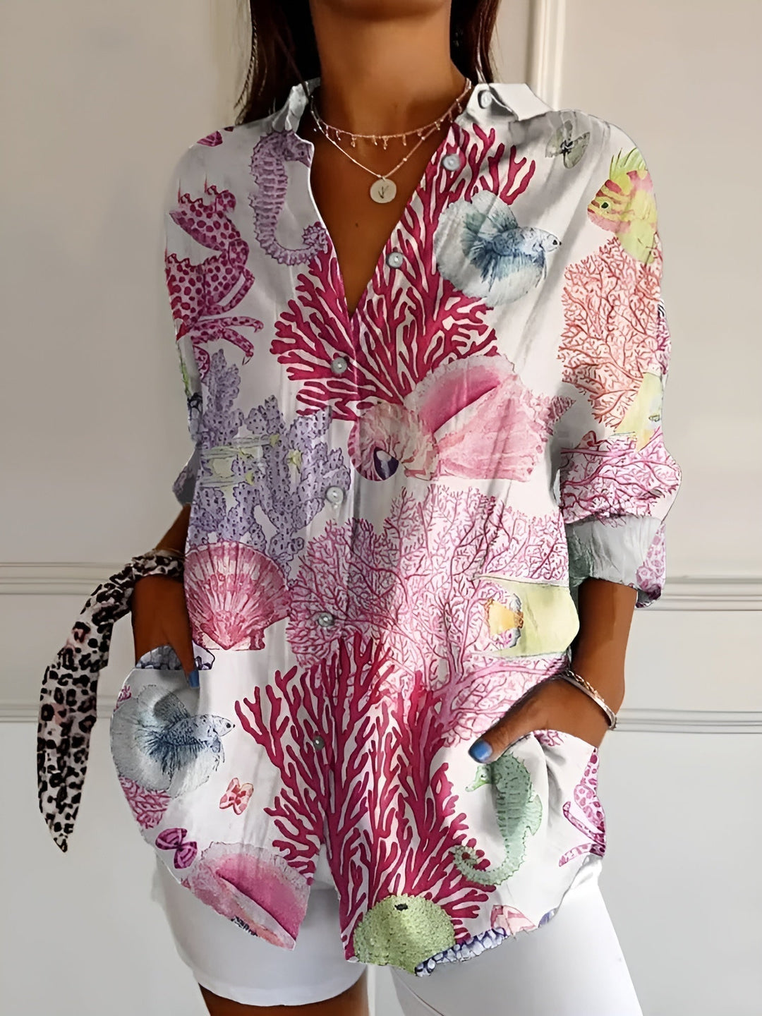 Relaxed fit women's button-down blouse, long sleeve V-neck, a comfortable and stylish top for spring or fall.
