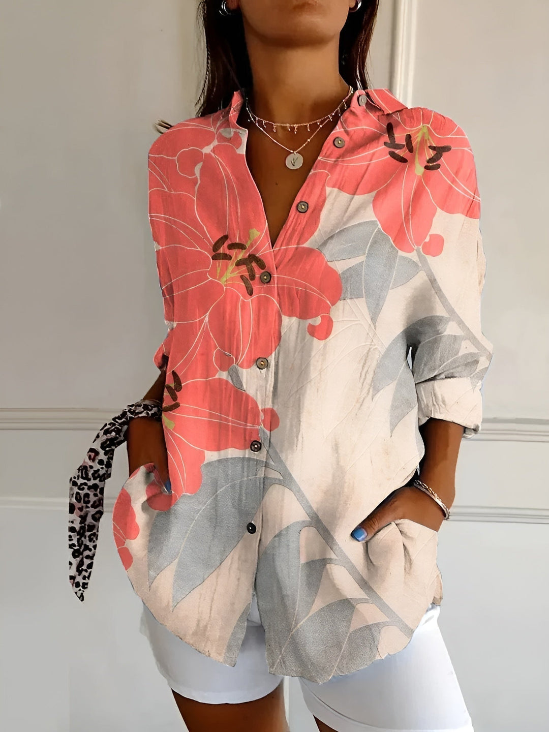 Casual women's button-down blouse, relaxed fit, long sleeve, V-neck, a comfortable everyday top for women.