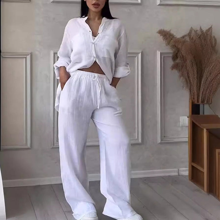Women's relaxed fit button down shirt & wide leg pants 2-piece set. Comfortable casual summer outfit.
